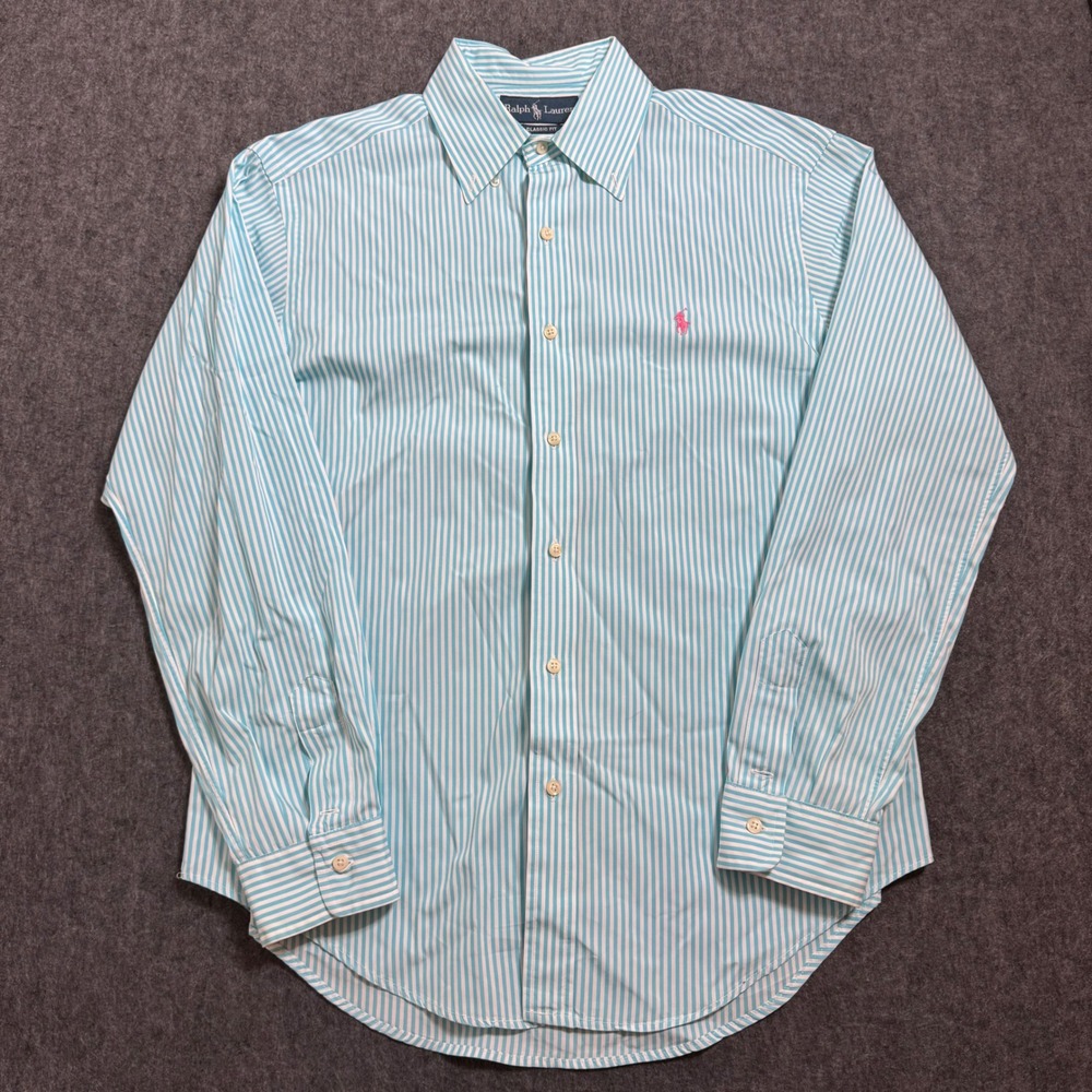 VTG 90s Ralph Lauren Classic Fit Striped Button Down Shirt Teal Pink Pony Mens M
